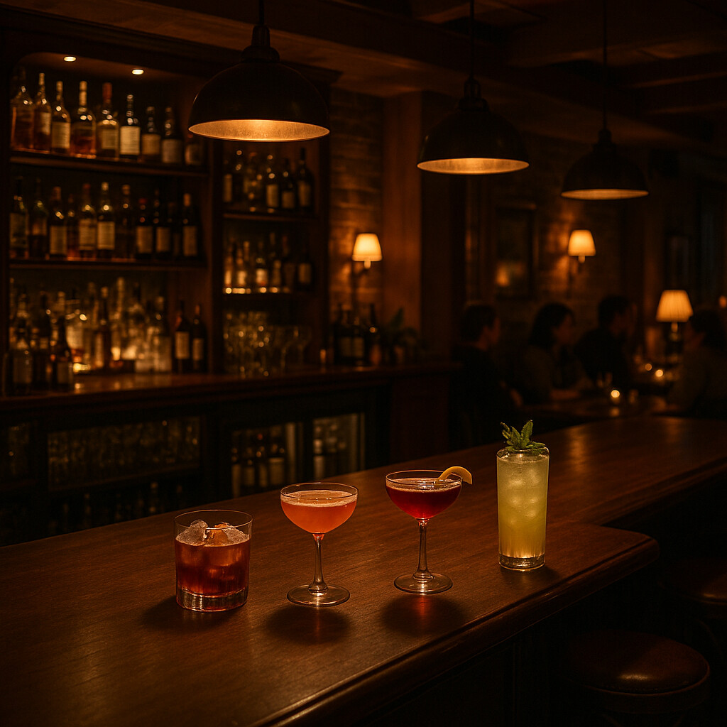 Professional upscale bar interior with craft cocktails and welcoming community atmosphere