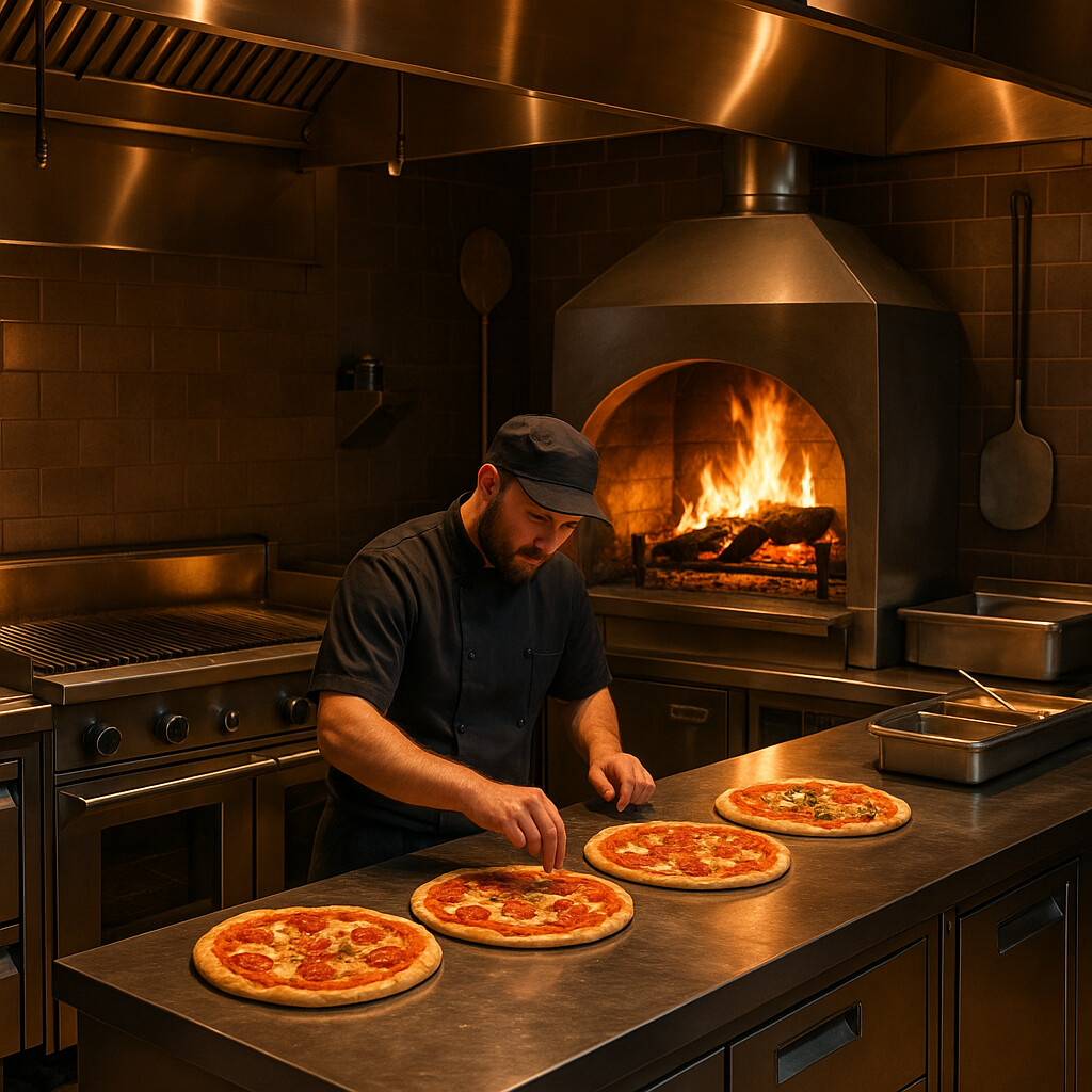 Professional grill station with chef at counter preparing wood-fired pizzas, stainless steel equipment and warm amber lighting in open kitchen