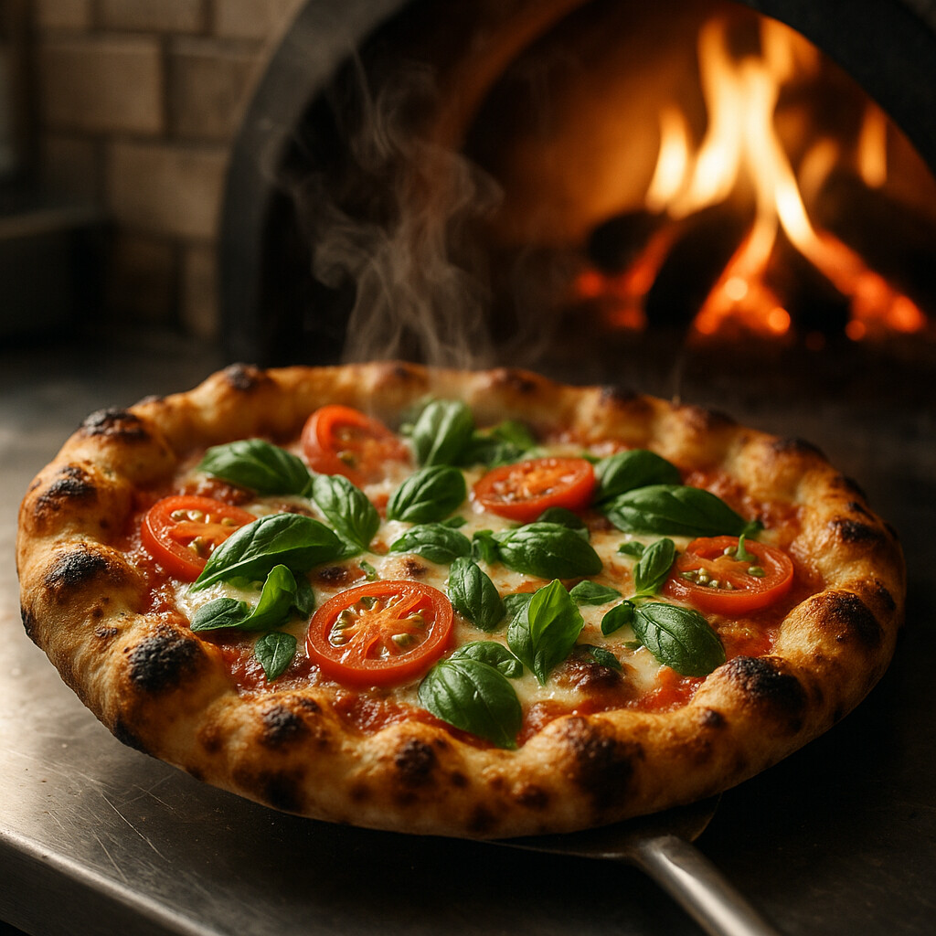 Close-up of wood-fired pizza being pulled from oven with golden bubbly crust and fresh toppings