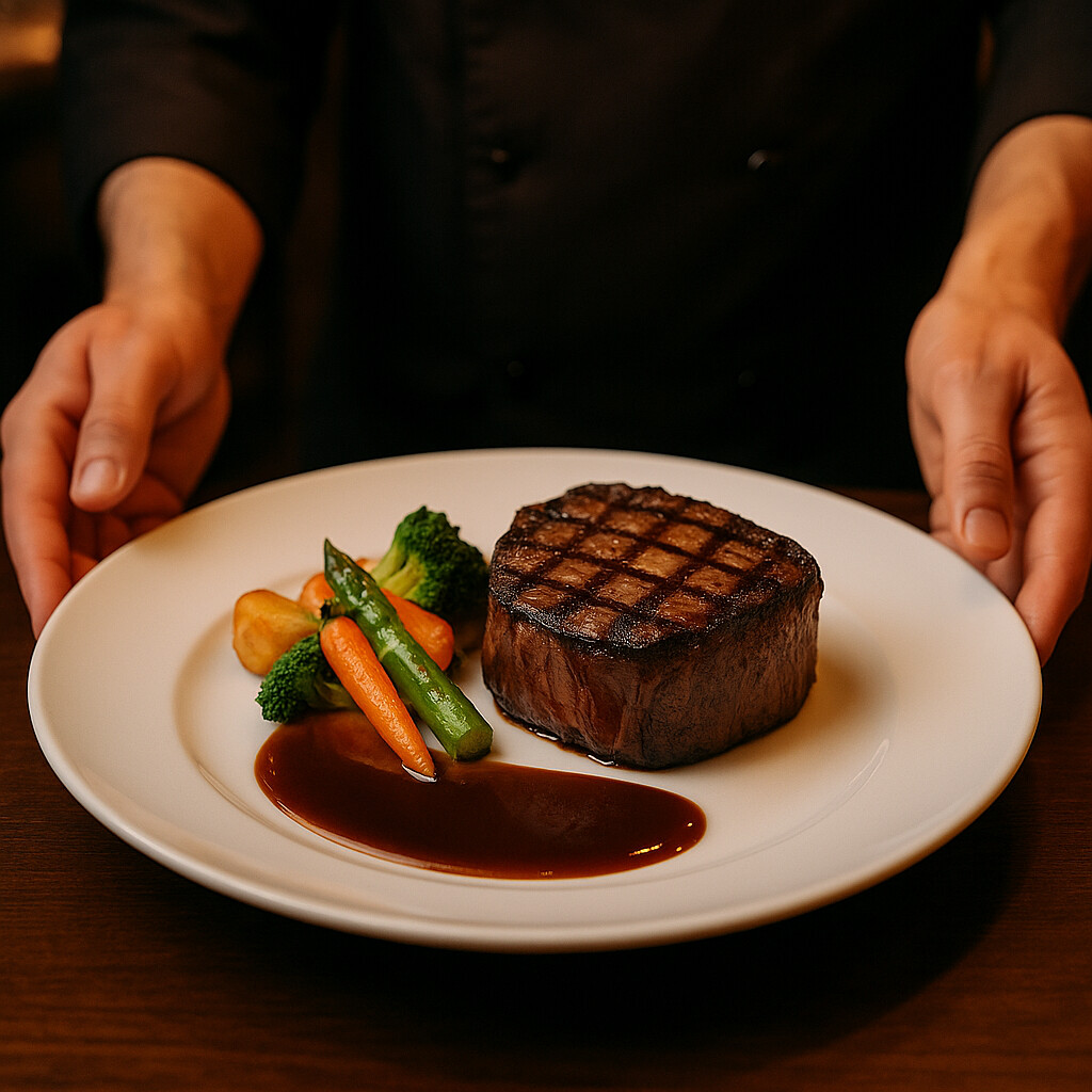 A professional plated grilled steak with vegetables and sauce on white plate in warm restaurant lighting with chef's hands visible