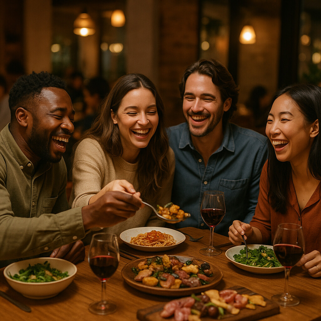 Group of friends enjoying dinner together at restaurant table, sharing food and laughing in casual celebration dining scene with warm lighting